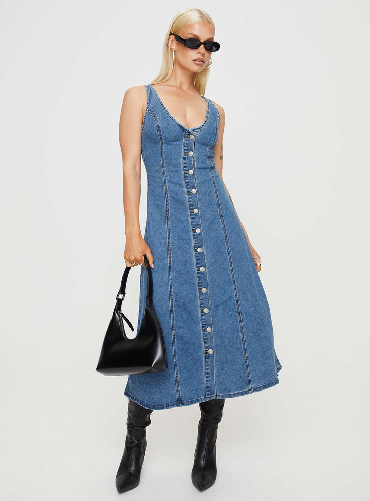 Midler Denim Midi Dress Mid Blue