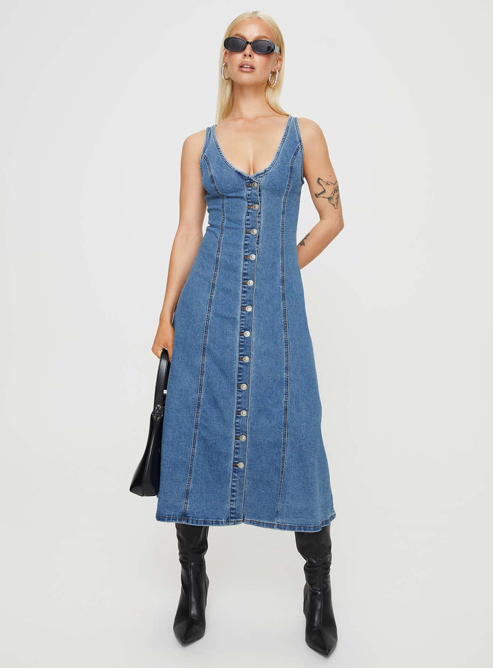 Midler Denim Midi Dress Mid Blue