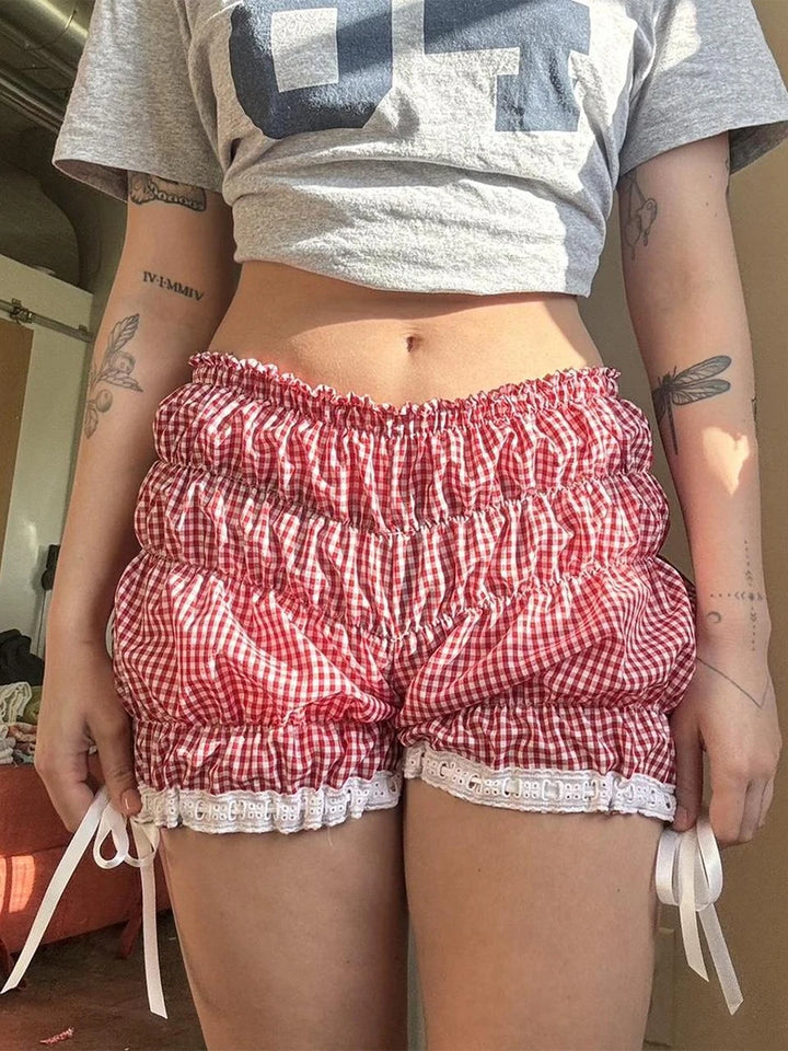 Gingham White Ribbon Ruffle Shorts