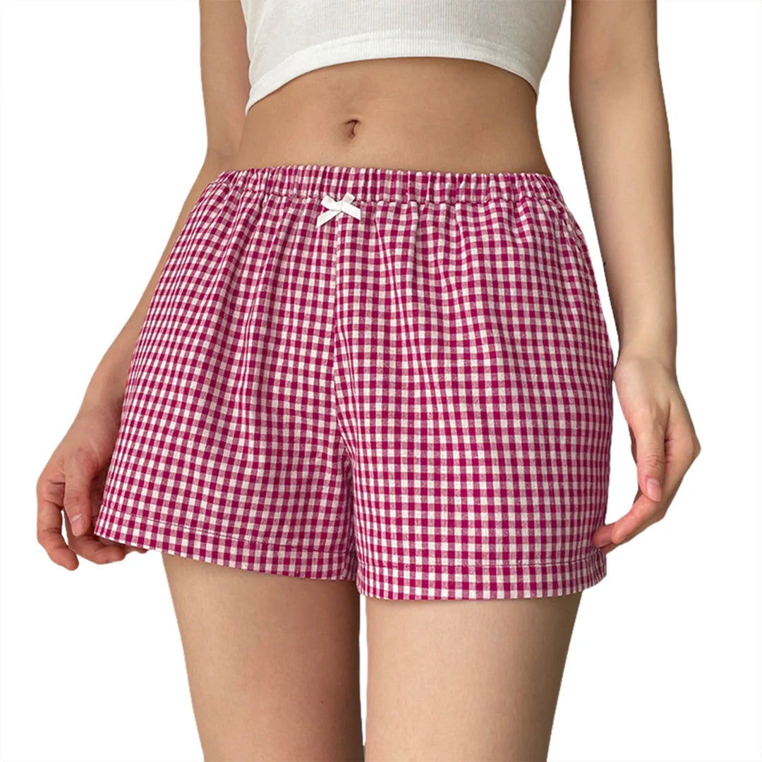 Gingham Boxer Shorts for Women Teen-Girls Elastic Waistband Pull-On Red Blue Plaid Shorts Outfit Casual Lounge Summer Shorts