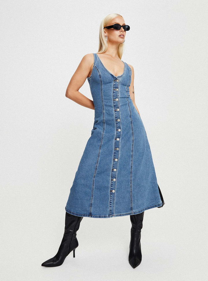 Midler Denim Midi Dress Mid Blue