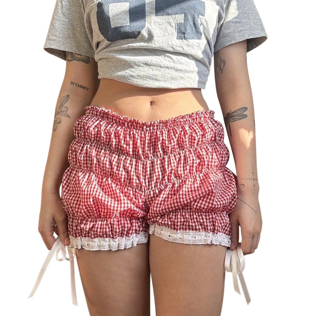 Gingham White Ribbon Ruffle Shorts