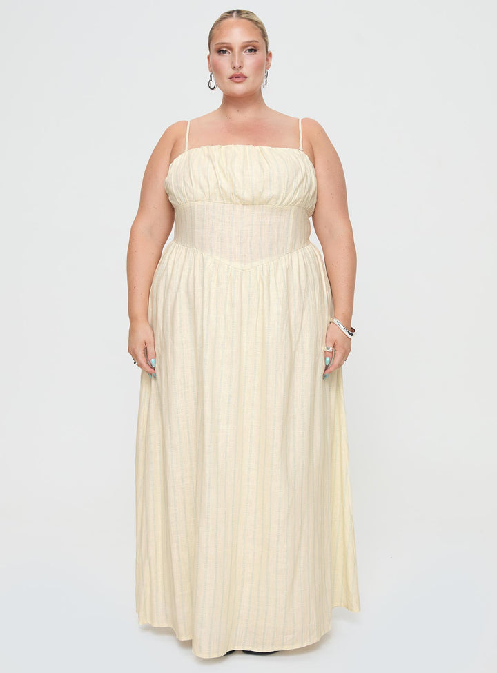 Slow Dance Linen Blend Maxi Dress Cream / Blue Curve