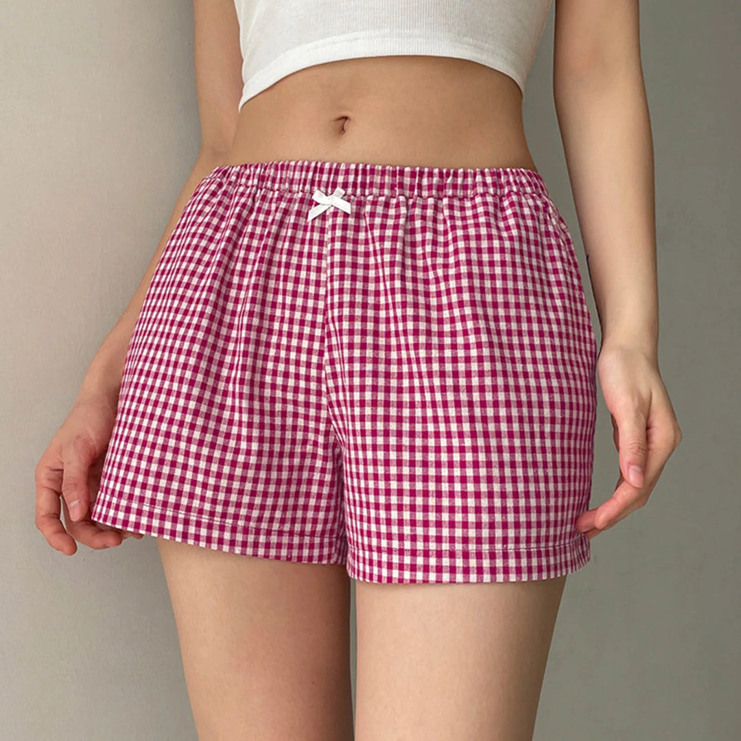 Gingham Boxer Shorts for Women Teen-Girls Elastic Waistband Pull-On Red Blue Plaid Shorts Outfit Casual Lounge Summer Shorts