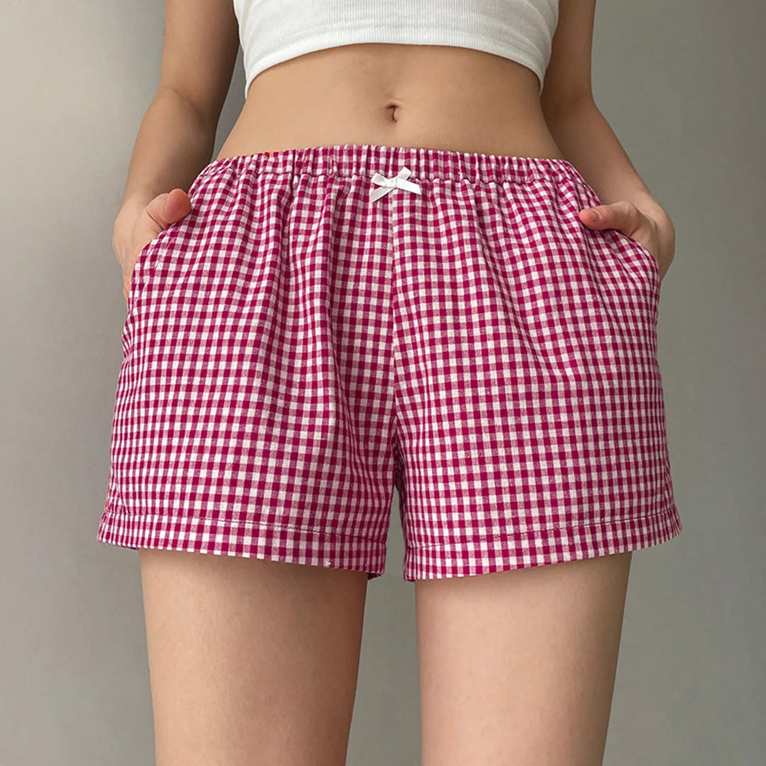 Gingham Boxer Shorts for Women Teen-Girls Elastic Waistband Pull-On Red Blue Plaid Shorts Outfit Casual Lounge Summer Shorts