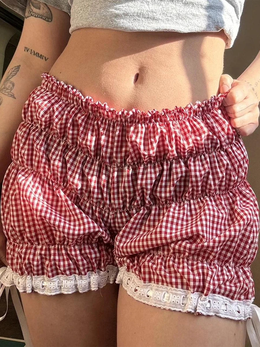 Gingham White Ribbon Ruffle Shorts