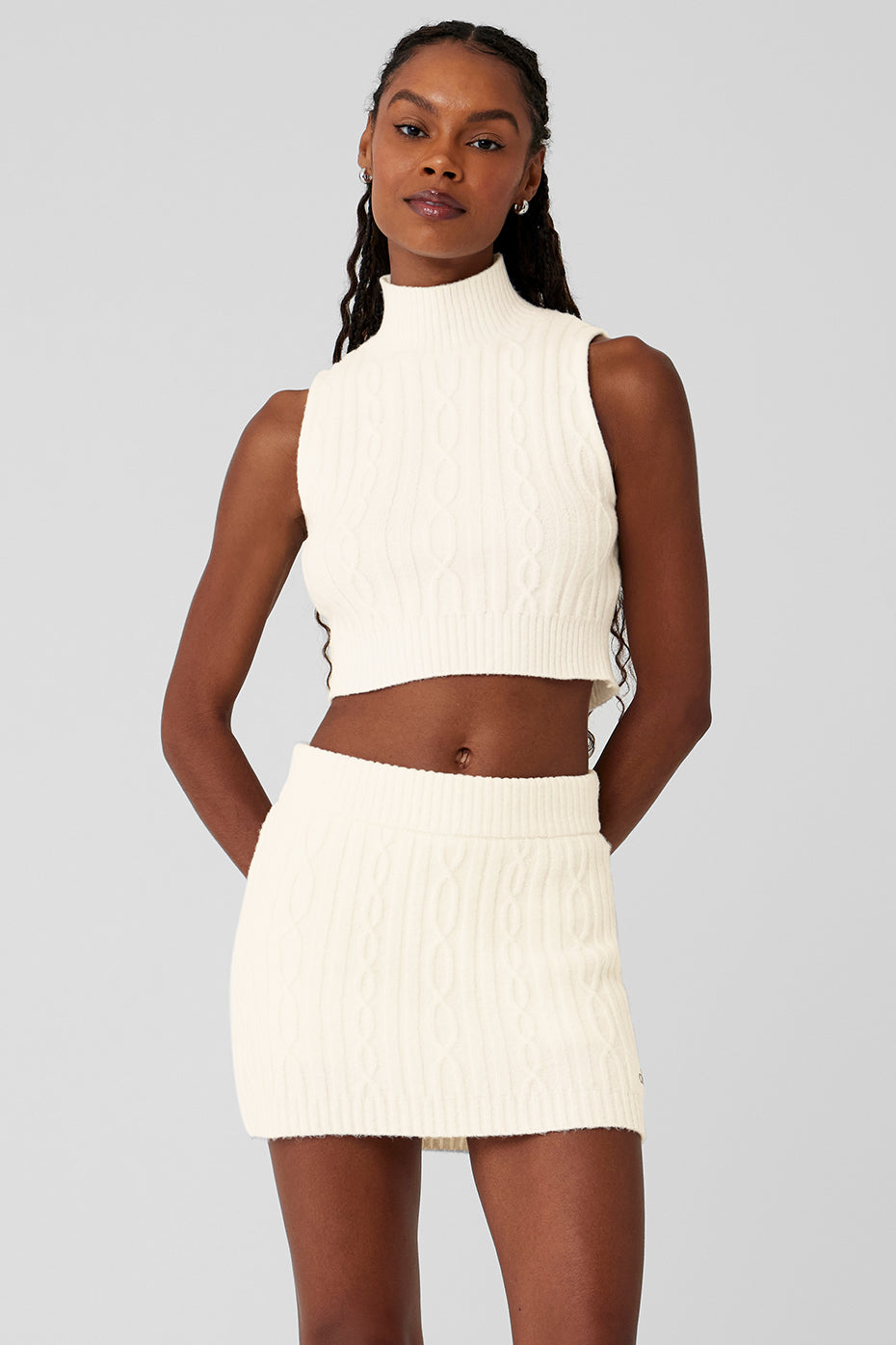 Cable Knit Winter Bliss Mock Neck Tank - Ivory