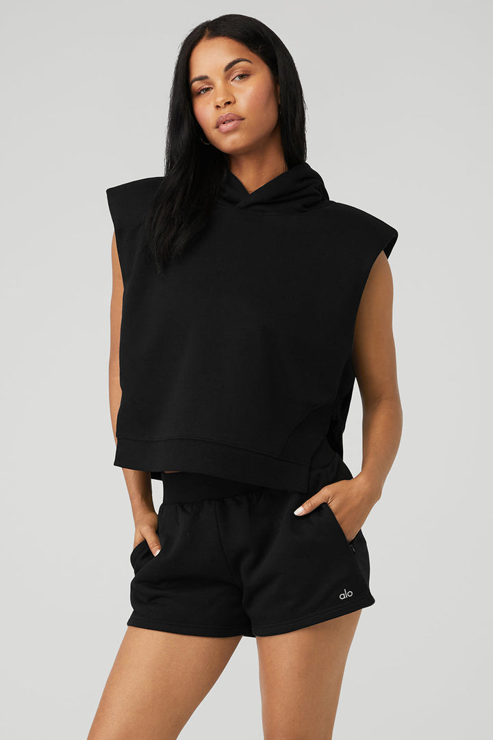 Cropped Headliner Shoulder Pad Sleeveless Coverup - Black