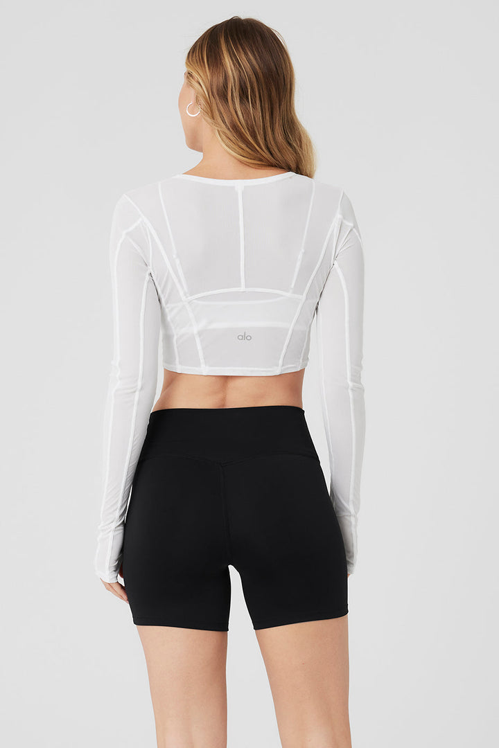 Mesh Cropped Fine Line Long Sleeve - White