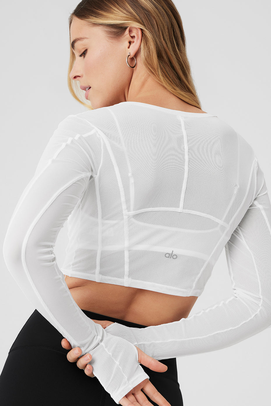 Mesh Cropped Fine Line Long Sleeve - White