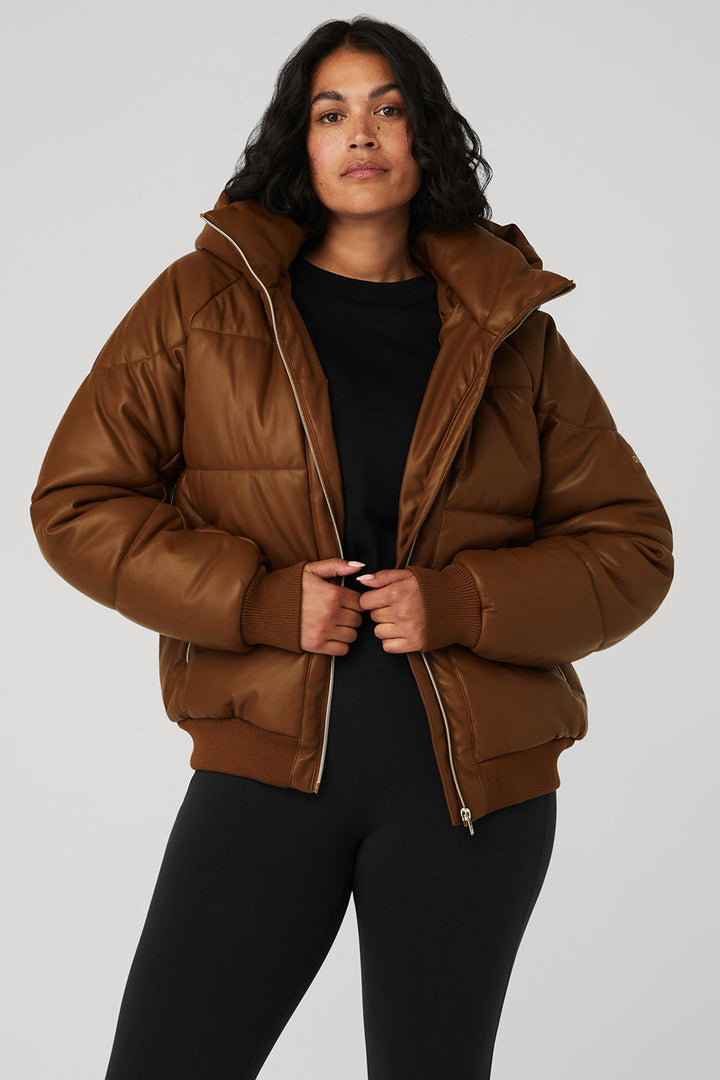 Faux Leather Boss Puffer - Cinnamon Brown