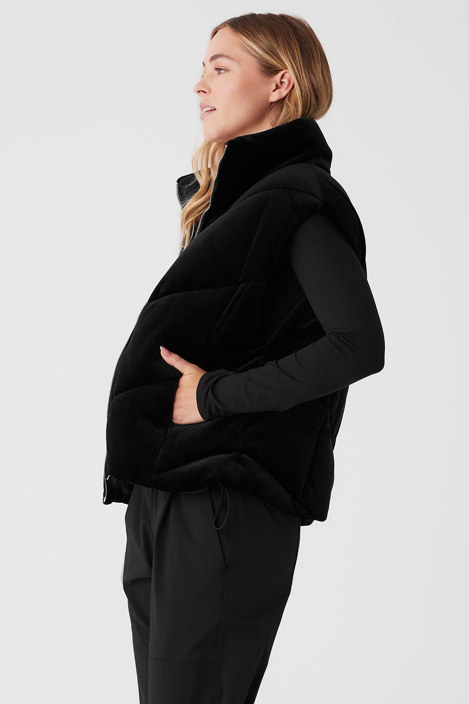 Ribbed Velour Mountain Side Puffer Vest - Black