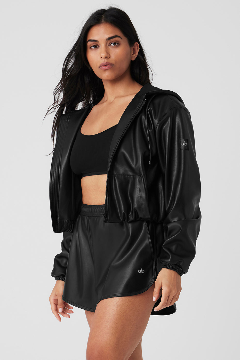 Faux Leather Power Hour Full Zip Cropped Jacket - Black
