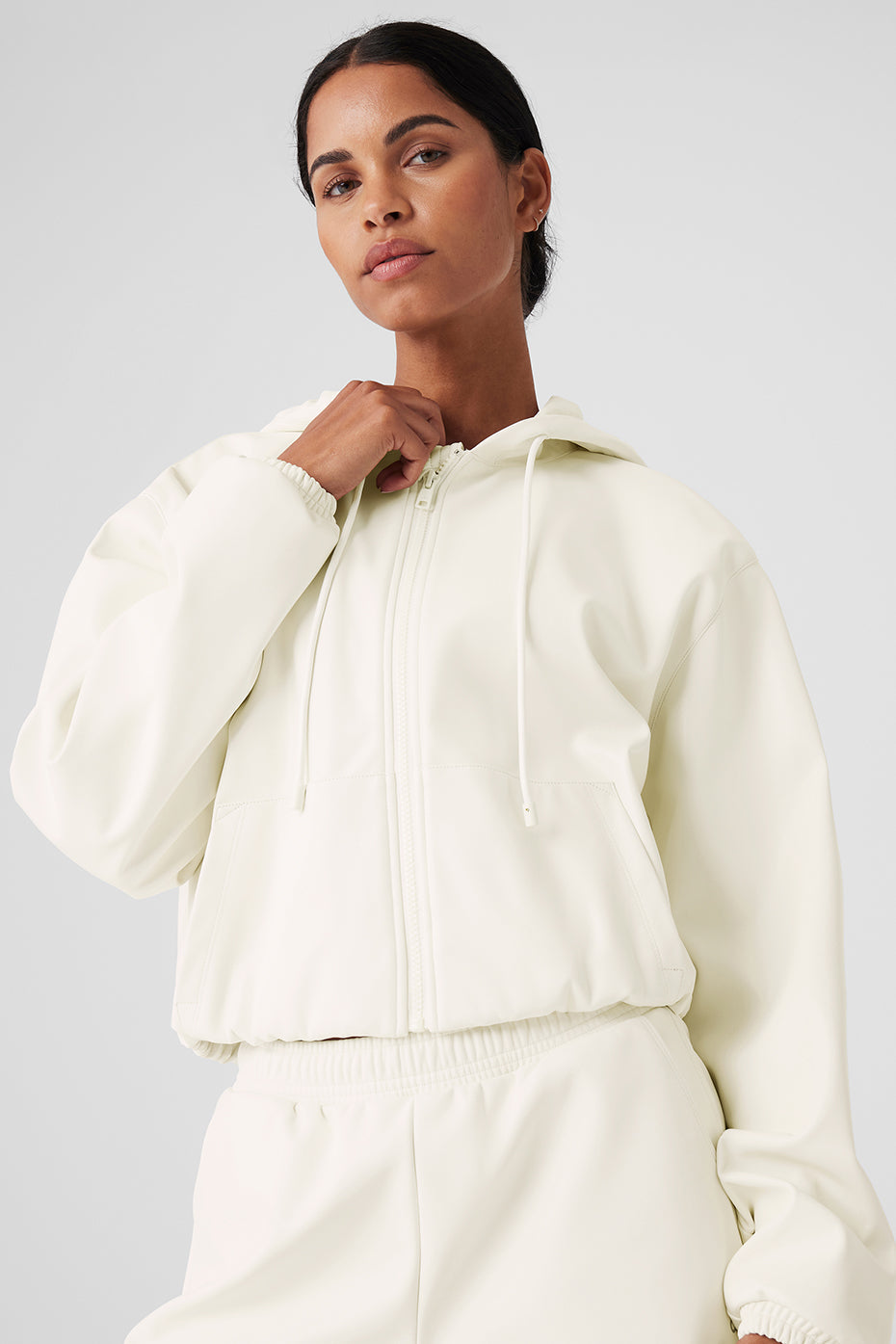 Faux Leather Power Hour Full Zip Cropped Jacket - Ivory