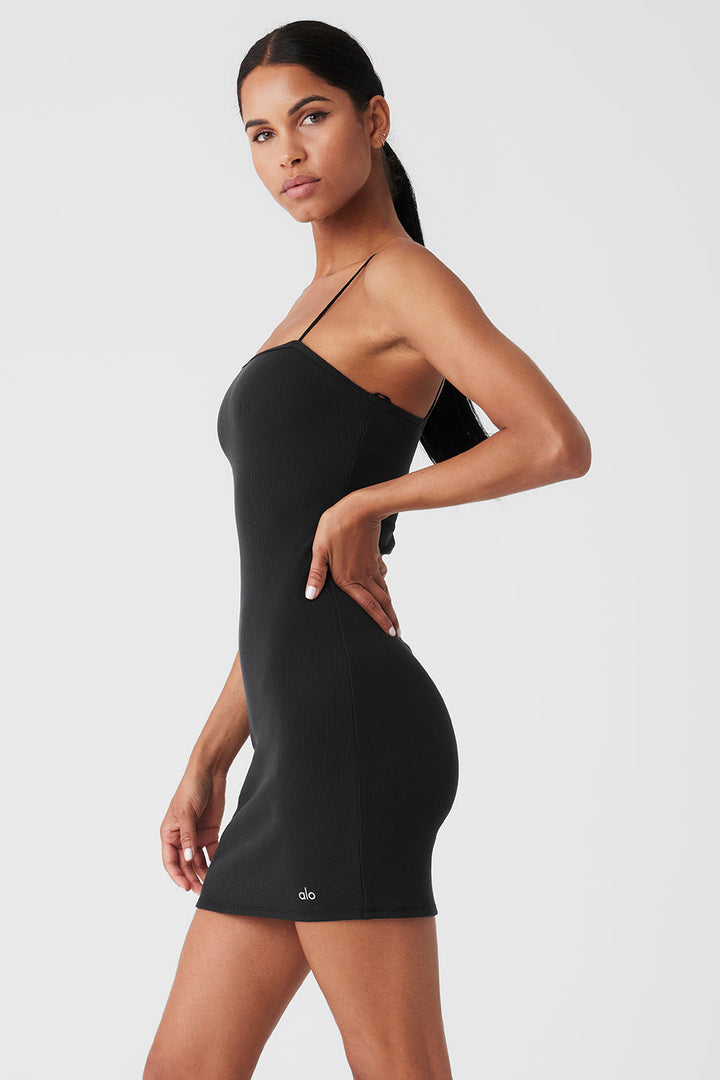 Goddess Ribbed Spaghetti Strap Dress - Black