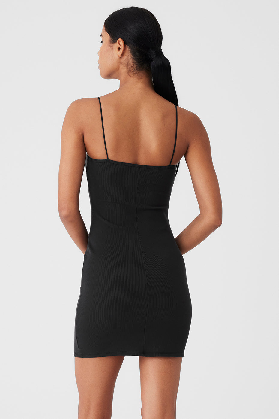 Goddess Ribbed Spaghetti Strap Dress - Black