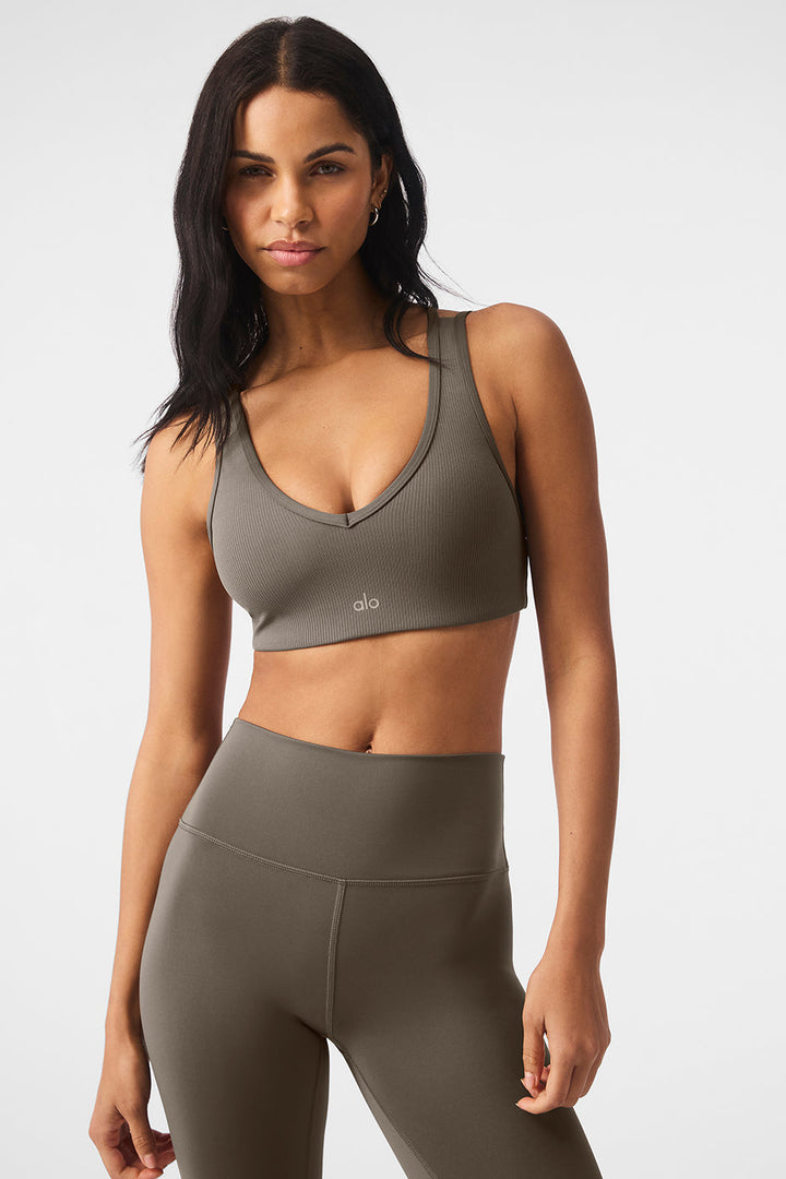 Airlift Ribbed Jump Start V-Neck Bra - Olive Tree