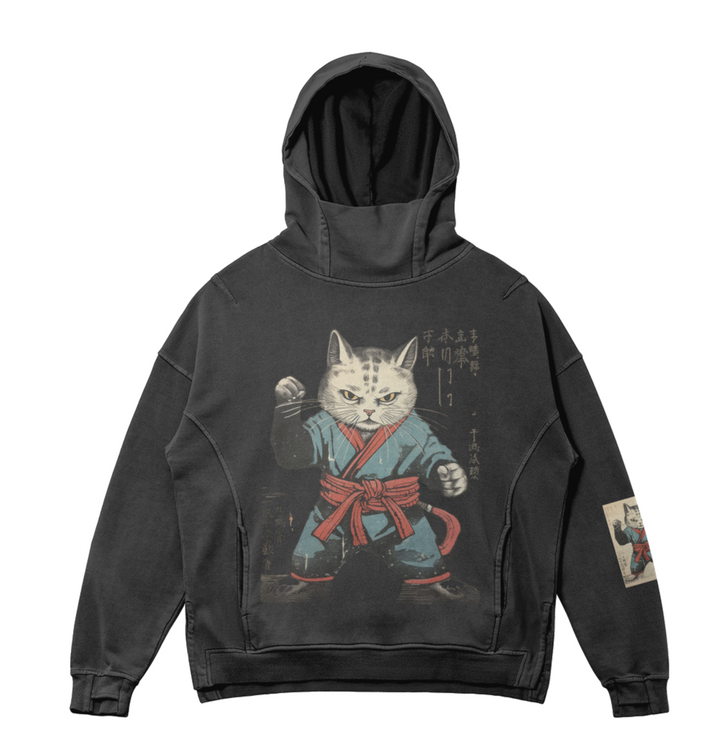 Kanji Karate Cat Washed Turtleneck Hoodie - Unisex Fit