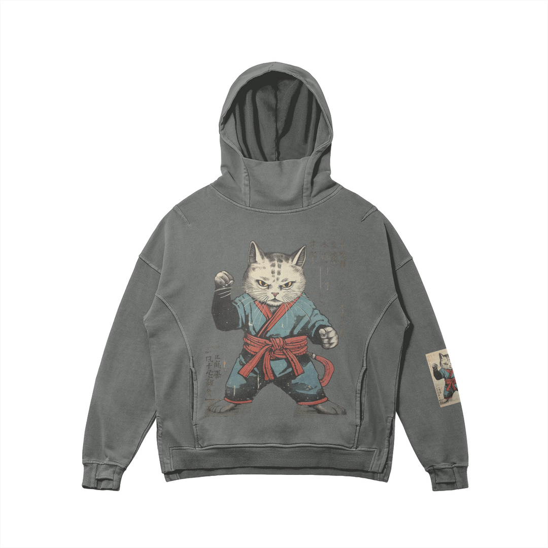 Kanji Karate Cat Washed Turtleneck Hoodie - Unisex Fit