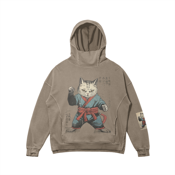 Kanji Karate Cat Washed Turtleneck Hoodie - Unisex Fit